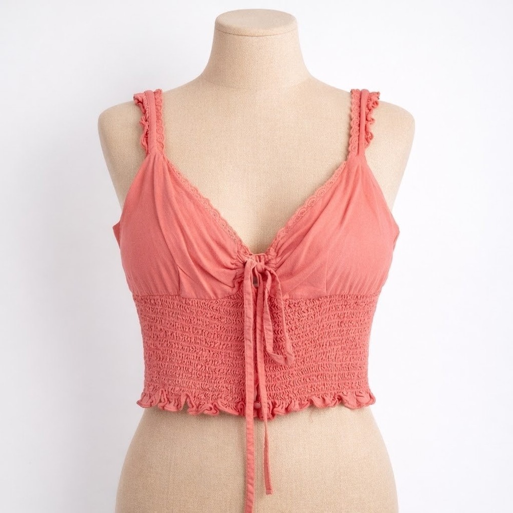 Y2K Urban Outfitters Smocked Babydoll Crop Top Size S Pink Ruffle Coquette Fairy